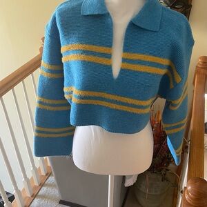 Vibrant Teal and Yellow Striped V-Neck Crop Sweater NWOT